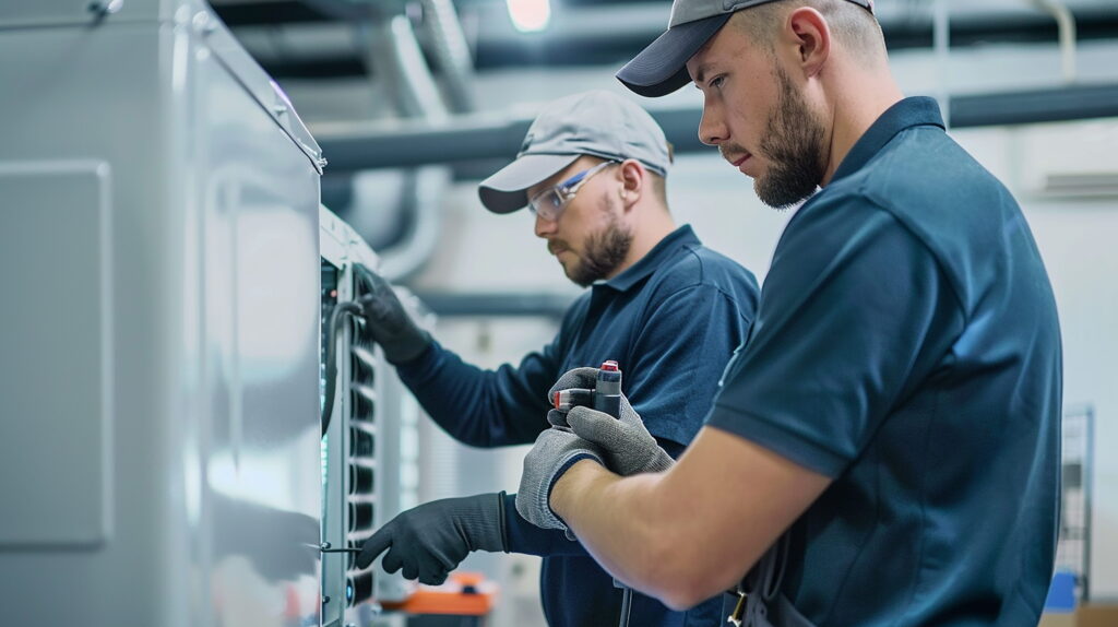 Technicians Inspecting and Servicing a Commercial Refrigeration System